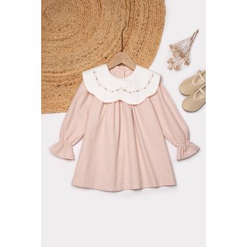 Virághímzéses galléros kislány ruha, rózsaszín