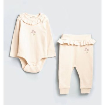 Kétrészes baba szett, kombidressz és nadrág, lazacszín