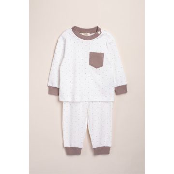 Apró pöttyös mintás kisfiú pizsama, fehér - barna 