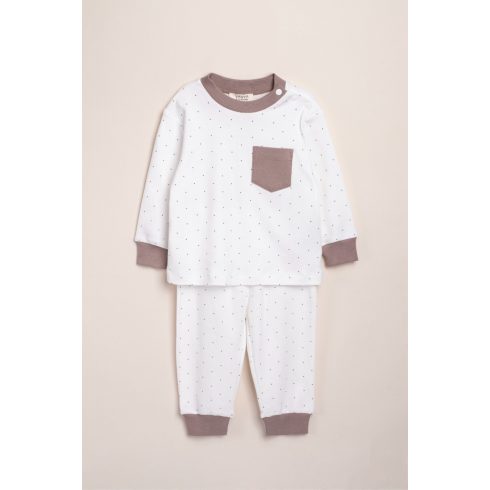 Apró pöttyös mintás kisfiú pizsama, fehér - barna 