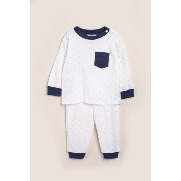   Apró pöttyös mintás kisfiú pizsama, fehér - sötétkék