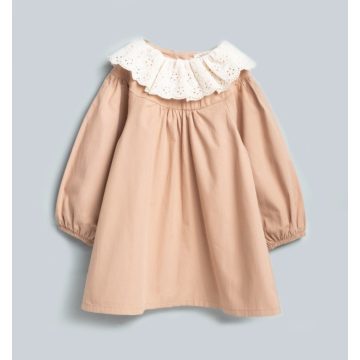   Elegáns, pamut kislány ruha csipkés gallérral, világosbarna