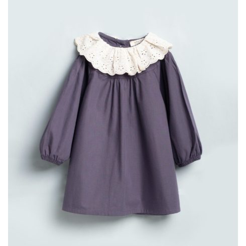Elegáns, pamut kislány ruha csipkés gallérral, lila