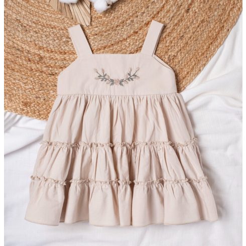 Meli pamut popelin kislányruha hímzett díszítéssel, 1-2 év, bézs