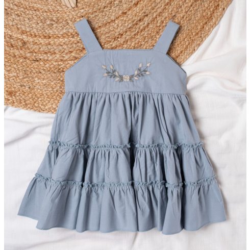 Meli pamut popelin kislány ruha hímzett díszítéssel kék színben