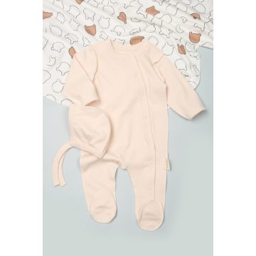 Krém újszülött rugdalózó megkötős sapkával 