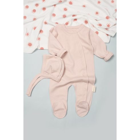 Púderrózsaszín újszülött rugdalózó megkötős sapkával